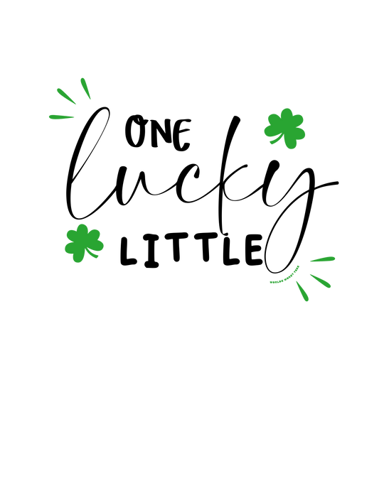 Infant fine jersey bodysuit with ribbed knitting for durability, featuring plastic snaps for easy changing. 100% cotton fabric (may vary for colors), light (4.5 oz/yd²), tear away label. Title: One Lucky Little Onesie.