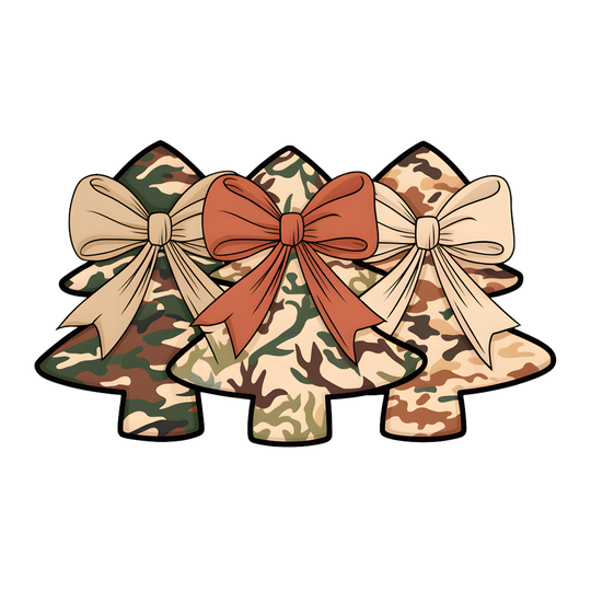 Camo Christmas Tree Tee featuring three camouflage-patterned tree silhouettes with bows, combining holiday spirit and military style on a soft, unisex short sleeve cotton shirt.