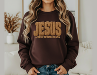 Person wearing 'Jesus Crew' sweatshirt with text JESUS: The way, the truth & the life and blue jeans, standing in a neutral-toned living room.