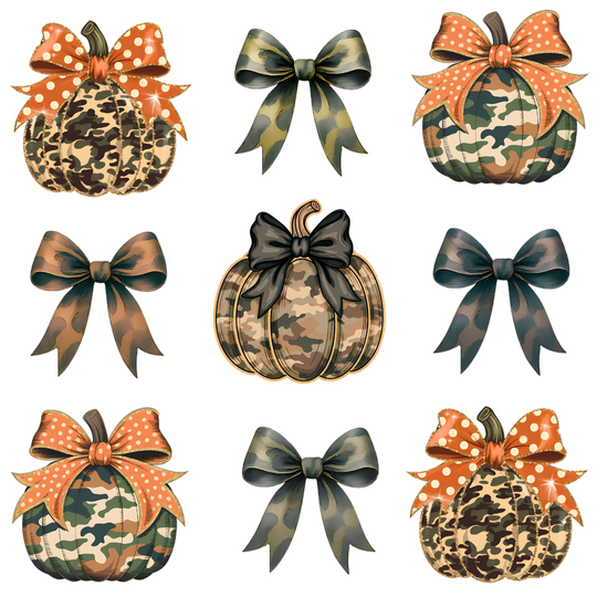 Bows and Pumpkins Tee: A 3×3 collage features camo-patterned pumpkins with bows and coordinating ribbon bows, perfect for fall-themed, comfortable wear.