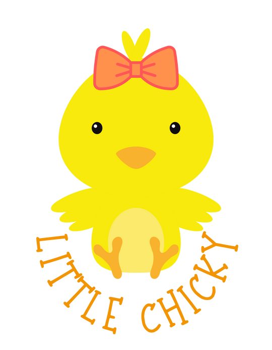 A soft, ring-spun cotton Little Chicky Onesie for infants, featuring a cartoon yellow chick with a bow. Lap shoulders for easy dressing. Unisex fit, light fabric, perfect for younglings.