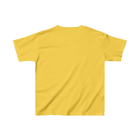 Kids Cousin Crew Tee, yellow shirt with white background. 100% cotton tee, ideal for everyday wear. Features twill tape shoulders, ribbed collar for durability, no side seams. Classic fit, tear-away label, runs true to size.