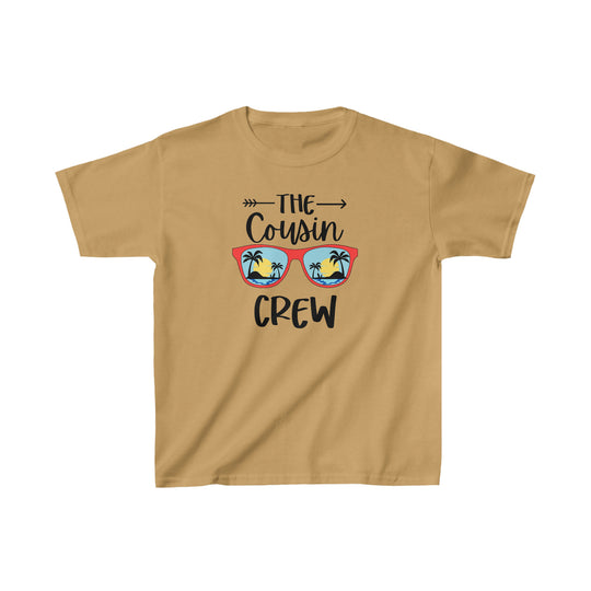 A tan kids tee with a graphic design, ideal for everyday wear. Made of 100% cotton, featuring twill tape shoulders for durability and ribbed knitting for a curl-resistant collar. Classic fit, tear-away label, true to size.