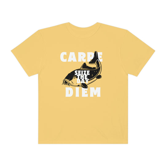 Comfort Colors Carpe Diem Fishing Tee: A yellow t-shirt featuring a fish design. 100% ring-spun cotton, relaxed fit, durable double-needle stitching, and seamless sides for comfort. Sewn-in twill label.