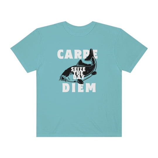 Carpe Diem Fishing Tee: Comfort Colors' ring-spun cotton shirt with a fish design. Relaxed fit, durable double-needle stitching, and seamless sides for ultimate comfort and style. Sewn-in twill label.