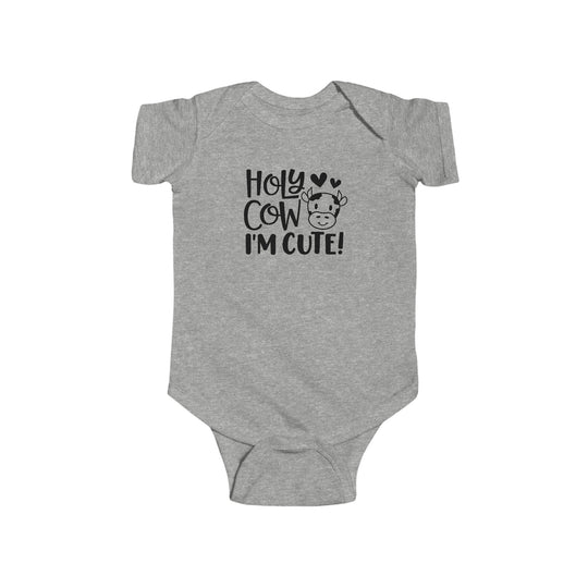 A durable and soft infant fine jersey bodysuit featuring a cow face and black text. Made of 100% cotton fabric, with ribbed knitting for durability and plastic snaps for easy changing access. From Worlds Worst Tees.