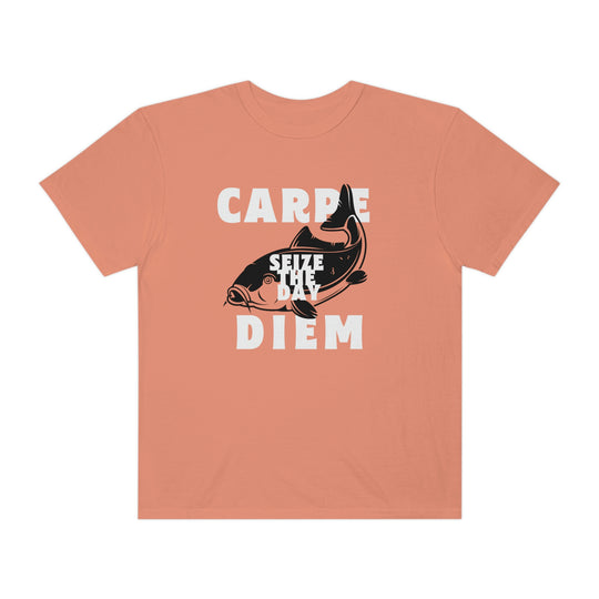 Comfort Colors Carpe Diem Fishing Tee: A relaxed-fit, 100% ring-spun cotton shirt with a fish design. Durable double-needle stitching and seamless sides for comfort.