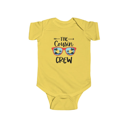 A durable and soft infant fine jersey bodysuit, featuring ribbed bindings and plastic snaps for easy changing access. Combed ringspun cotton fabric ensures comfort. From 'Worlds Worst Tees': Cousin Crew Onesie.