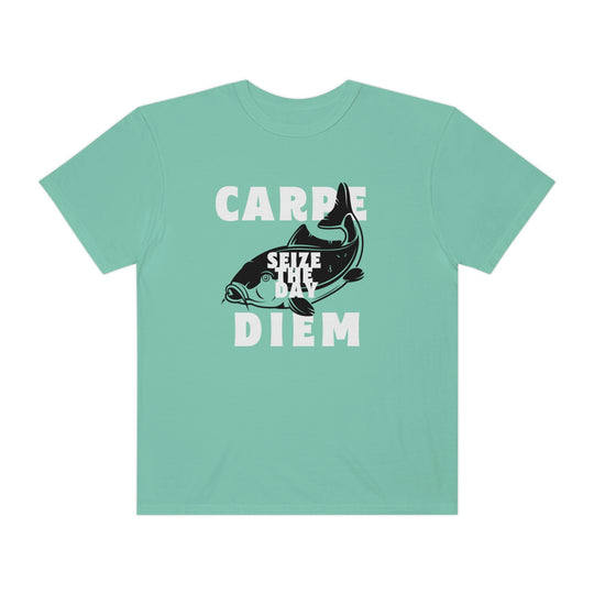 Carpe Diem Fishing Tee: Comfort Colors ring-spun cotton t-shirt with fish design. Relaxed fit, durable double-needle stitching, and seamless sides. Customizable and cozy for everyday wear. From Worlds Worst Tees.