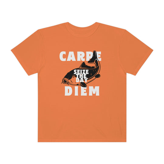 Carpe Diem Fishing Tee: Comfort Colors' ring-spun cotton t-shirt with a fish graphic. Relaxed fit, durable double-needle stitching, and seamless design for everyday comfort. Sewn-in twill label for a unique touch.