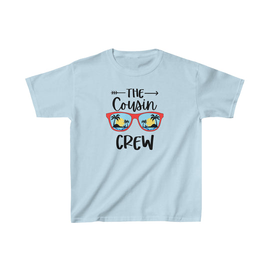A Cousin Crew Kids Tee featuring a light blue graphic design on 100% cotton fabric. Ideal for everyday wear with twill tape shoulders and tear-away label. Classic fit, midweight fabric, and seamless sides.