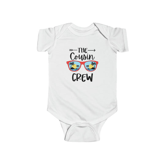 A durable and soft Cousin Crew Onesie for infants, featuring 100% cotton fabric, ribbed knit bindings, and plastic snaps for easy changes. From Worlds Worst Tees.