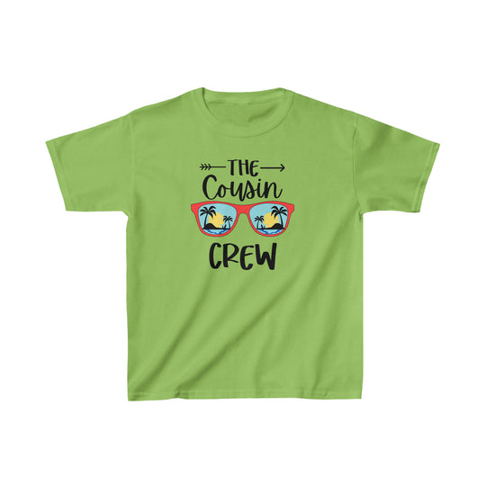 A green graphic tee for kids, ideal for daily wear. Made of 100% cotton, featuring twill tape shoulders for durability and ribbed collar for curl resistance. Classic fit, tear-away label, no side seams. Cousin Crew Kids Tee by Worlds Worst Tees.