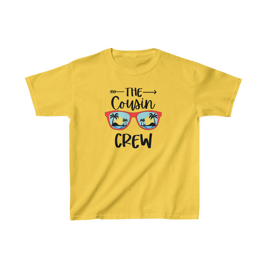 A yellow kids tee with a graphic design, made of 100% cotton for durability. Features twill tape shoulders, ribbed collar, and no side seams. Ideal for everyday wear. Cousin Crew Kids Tee by Worlds Worst Tees.