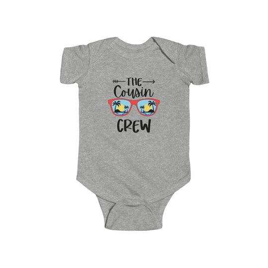 A grey baby bodysuit featuring a Cousin Crew graphic design. Made of 100% cotton, with ribbed knitting for durability and plastic snaps for easy changing access. From Worlds Worst Tees.