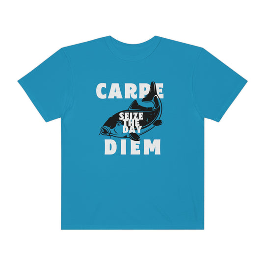 Carpe Diem Fishing Tee: Comfort Colors ring-spun cotton shirt with fish design. Relaxed fit, durable double-needle stitching, and seamless for comfort. From Worlds Worst Tees.