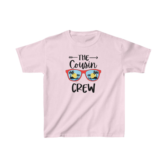 A pink Cousin Crew Kids Tee with graphic design, 100% cotton fabric, twill tape shoulders, ribbed collar, no side seams, midweight (5.3 oz/yd²), tear-away label, classic fit, true to size.