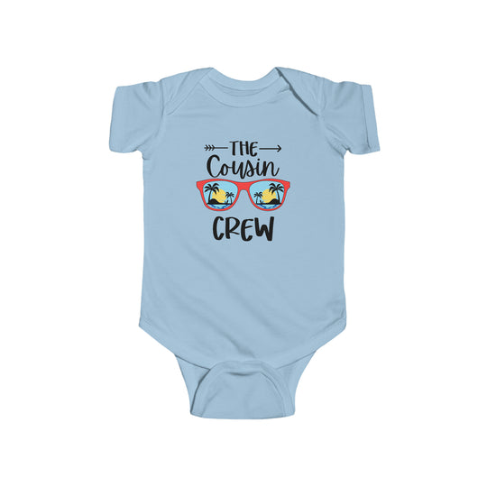 A durable and soft infant fine jersey bodysuit featuring the Cousin Crew Onesie title. Made of 100% cotton with ribbed knitting for durability and plastic snaps for easy changing access.