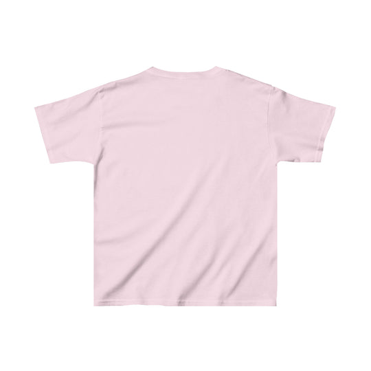Cousin Crew Kids Tee: Pink shirt with back view, close-up details. 100% cotton, ideal for printing, twill tape shoulders, tear-away label. Midweight, classic fit, durable design. Sizes: XS to XL.