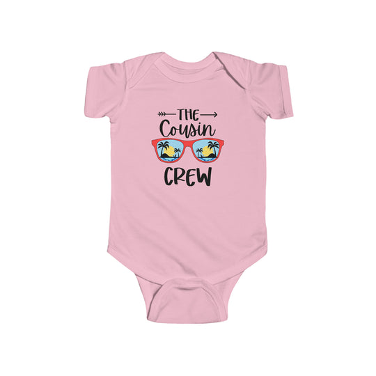 A pink romper with sunglasses graphic, perfect for the Cousin Crew. Soft 100% cotton, ribbed bindings, and easy plastic snaps for changing. Ideal for NB to 24M sizes. From Worlds Worst Tees.