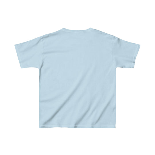 Cousin Crew Kids Tee: Light blue shirt, short sleeve, 100% cotton fabric, perfect for everyday wear, tear-away label, classic fit, durable twill tape shoulders, no side seams. Sizes: XS, S, M, L, XL.