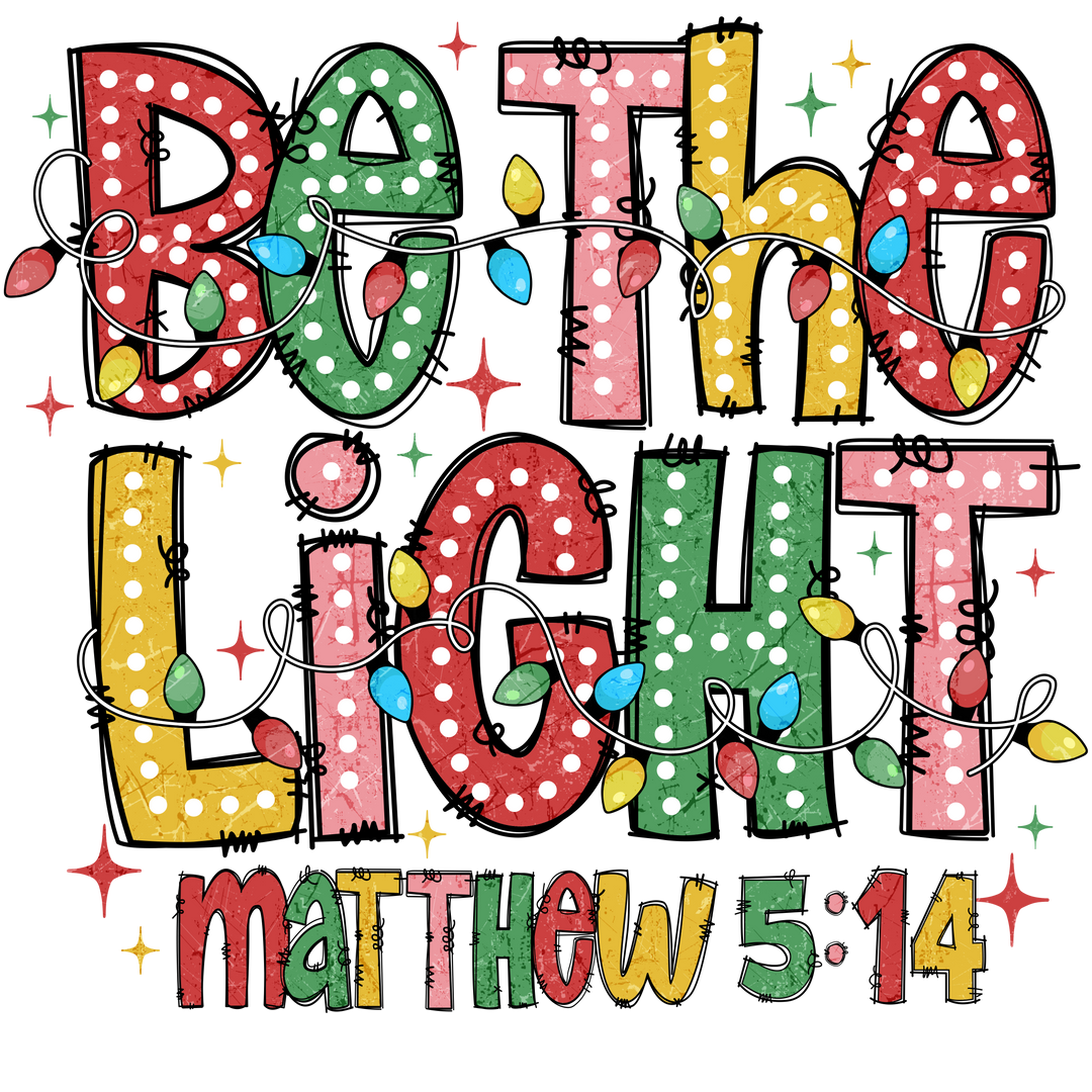 Be the Light Youth Hoodie featuring colorful 'Be the Light' typographic design with Christmas lights and starbursts, inspired by Matthew 5:14.