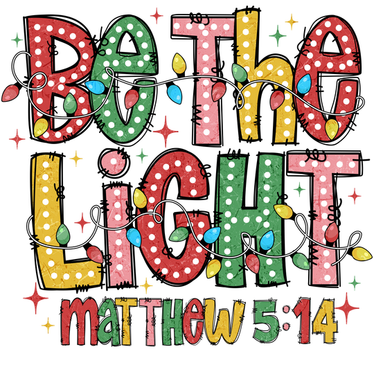 Be the Light Youth Hoodie featuring colorful 'Be the Light' typographic design with Christmas lights and starbursts, inspired by Matthew 5:14.