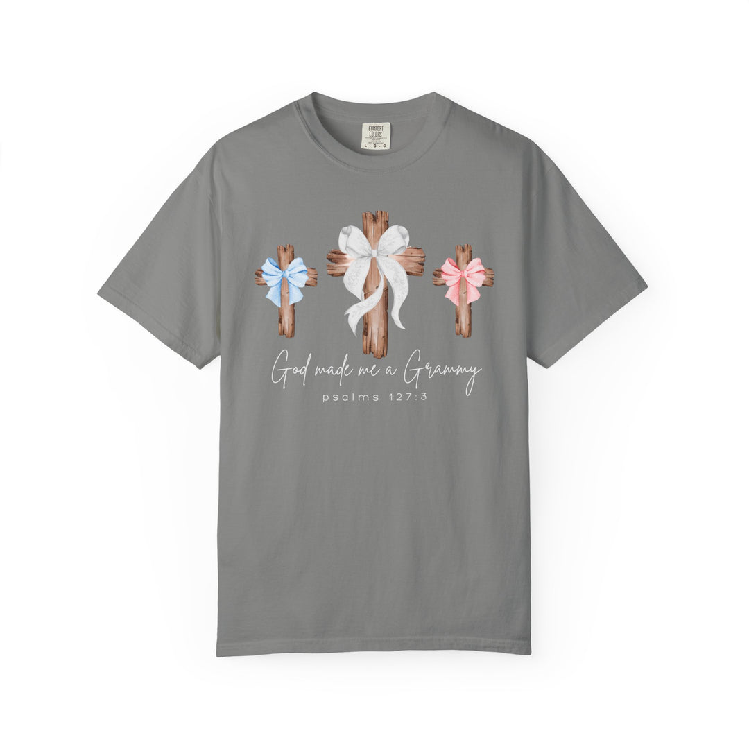 Heather-gray T-shirt featuring three rustic wooden crosses with bows, and the phrase “God made me a Grammy” with “psalms 127:3” below.