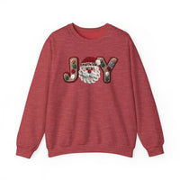 Red crew-neck sweatshirt with JOY motif; J and Y resemble holiday cookies, O is a Santa-face. Cozy polyester-cotton blend, ribbed collar, classic fit.