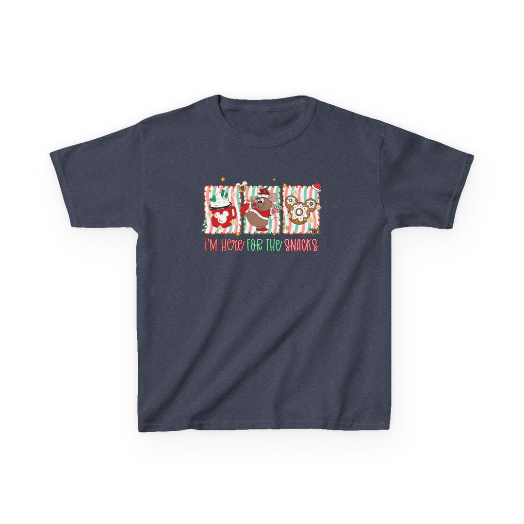 Here for the Snacks Kids Tee: Dark heather navy T-shirt with festive Christmas snack design featuring Mickey-inspired graphics and playful lettering. Ideal for everyday use.