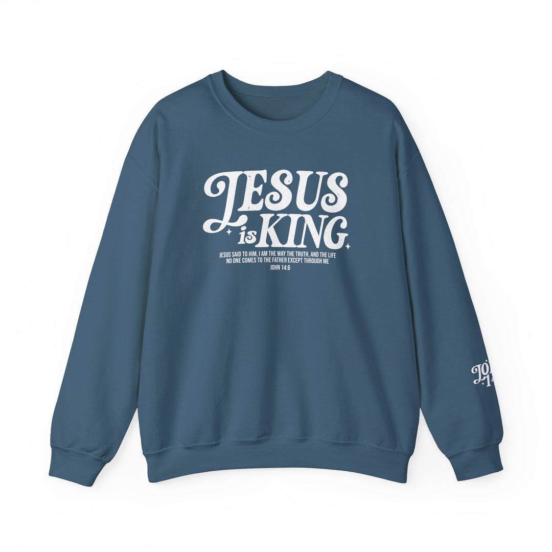 Jesus is King Crew sweatshirt featuring white text on blue fabric, offering a comfortable, unisex fit with ribbed knit collar and no side seams.