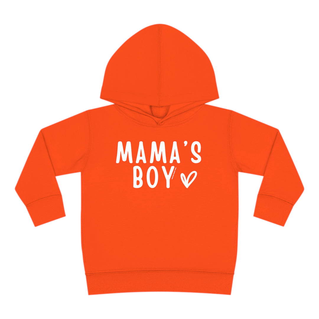 Toddler hoodie with Mama's Boy design, featuring durable construction with cover-stitched details. Side seam pockets for added convenience. Made of 60% cotton, 40% polyester blend. Sizes: 2T, 4T, 5-6T.