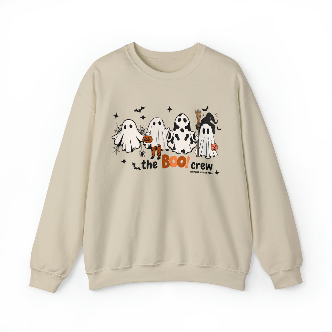 A white sweatshirt featuring a playful ghost design, part of the Boo Crew Crew collection by Worlds Worst Tees. Unisex heavy blend, loose fit, ribbed knit collar, 50% cotton, 50% polyester.