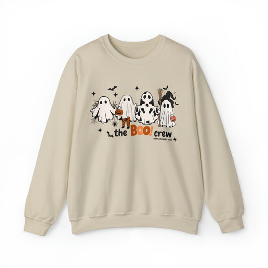 A white sweatshirt featuring a playful ghost design, part of the Boo Crew Crew collection by Worlds Worst Tees. Unisex heavy blend, loose fit, ribbed knit collar, 50% cotton, 50% polyester.