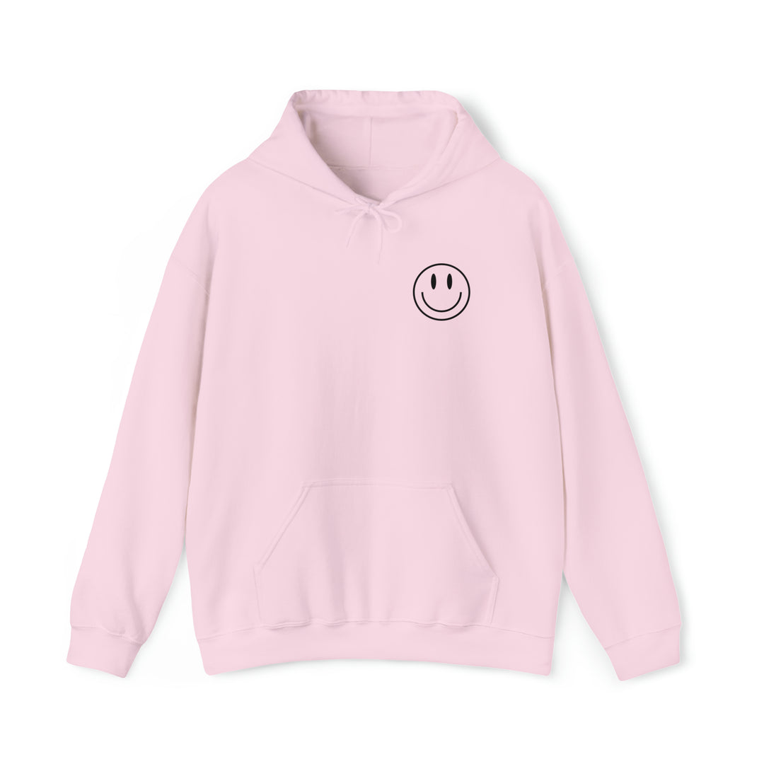 Unisex heavy blend hooded sweatshirt with a smiley face design. Plush cotton-polyester fabric, kangaroo pocket, and drawstring hood. 'GOOD DAY TO HAVE A GOOD DAY' print. Classic fit, tear-away label.