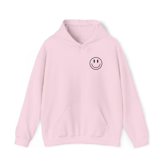 Unisex heavy blend hooded sweatshirt with a smiley face design. Plush cotton-polyester fabric, kangaroo pocket, and drawstring hood. 'GOOD DAY TO HAVE A GOOD DAY' print. Classic fit, tear-away label.