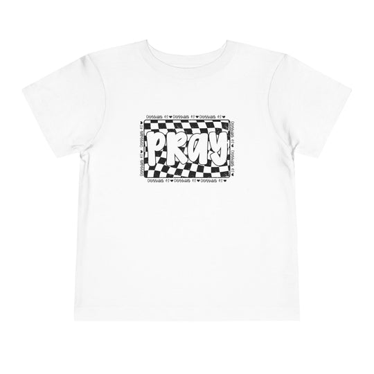 Pray Toddler Tee featuring a black and white design on a white, short-sleeve shirt, perfect for kids' everyday comfort.