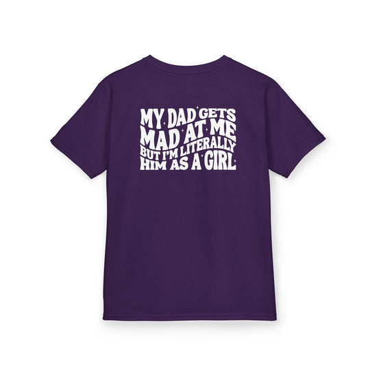 Back view of the My Dad Gets Mad at Me Kids Tee, featuring a humorous slogan in white on a purple T-shirt, highlighting durable, comfortable cotton fabric.