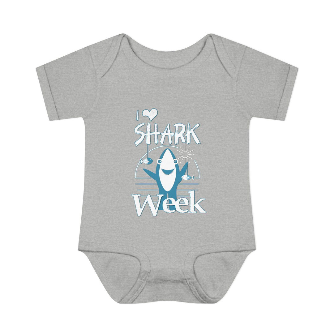 Infant I Love Shark Week onesie featuring soft, ring-spun cotton with lap shoulders for easy adjustments, highlighting comfort and practicality for babies.