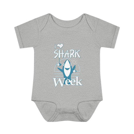 Infant I Love Shark Week onesie featuring soft, ring-spun cotton with lap shoulders for easy adjustments, highlighting comfort and practicality for babies.