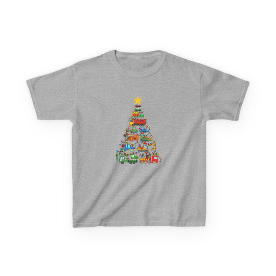 Heather-gray Christmas Truck Kids Tee with cartoon vehicles forming a festive tree, adorned with lights and a star, perfect for everyday wear.