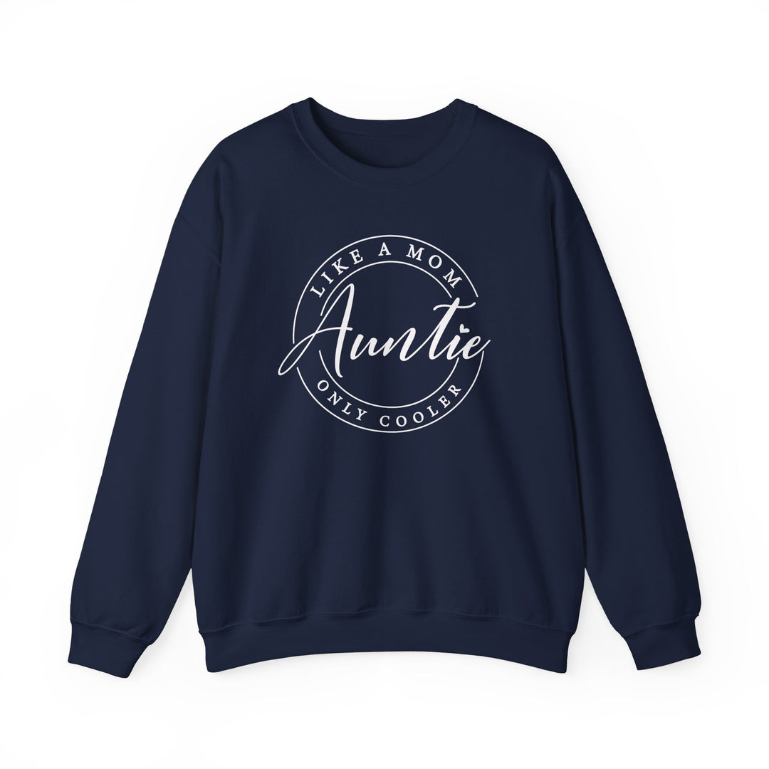 Auntie Crew blue sweatshirt with white text, featuring a ribbed knit collar and a comfortable unisex design made from a cotton-polyester blend.