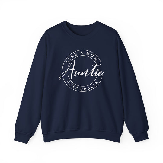 Auntie Crew blue sweatshirt with white text, featuring a ribbed knit collar and a comfortable unisex design made from a cotton-polyester blend.