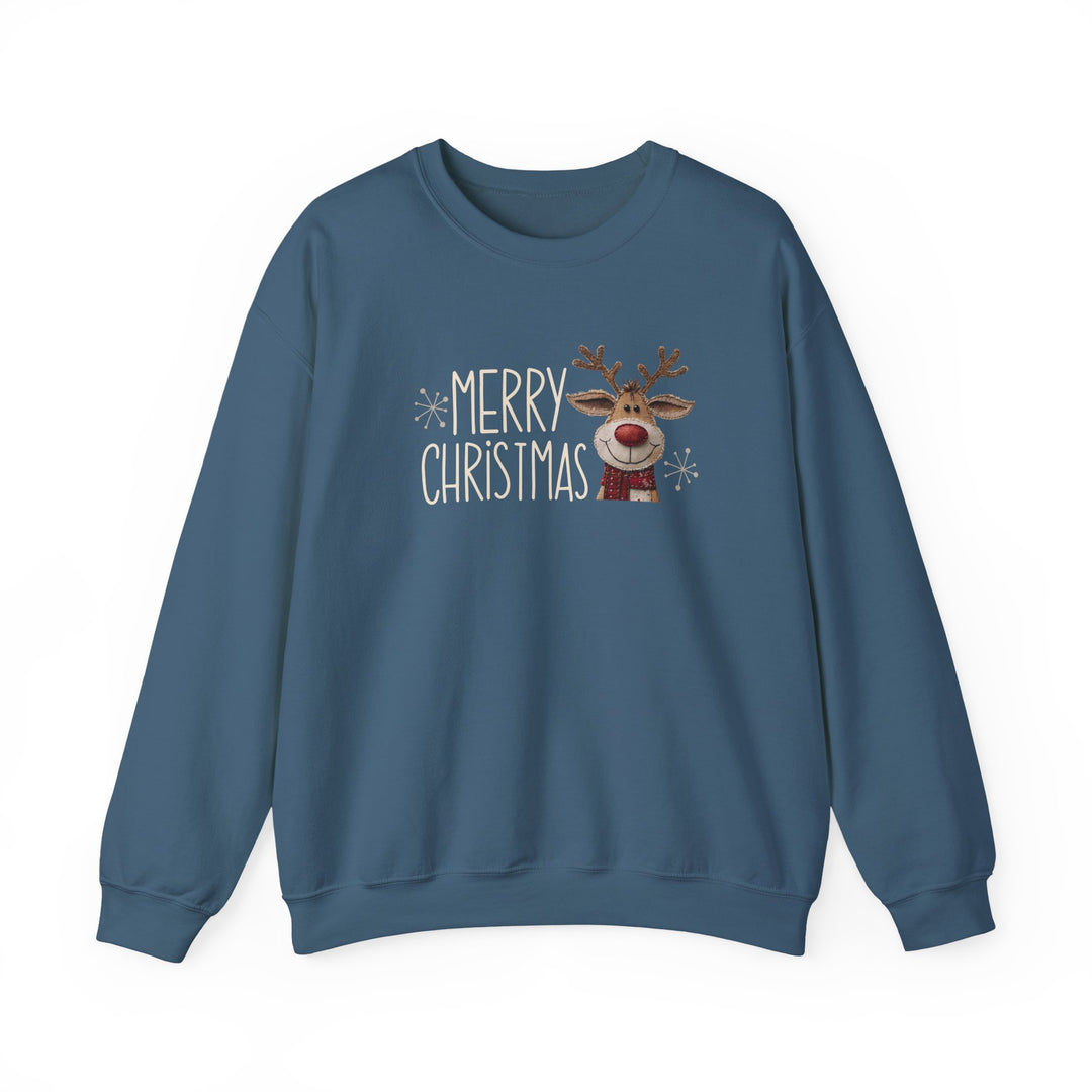 Merry Christmas Reindeer Crew sweatshirt features a smiling reindeer and festive text, designed for comfort with a ribbed crew neckline and durable stitching.