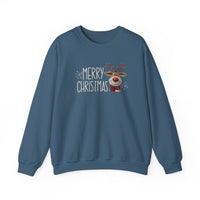 Merry Christmas Reindeer Crew sweatshirt features a smiling reindeer and festive text, designed for comfort with a ribbed crew neckline and durable stitching.