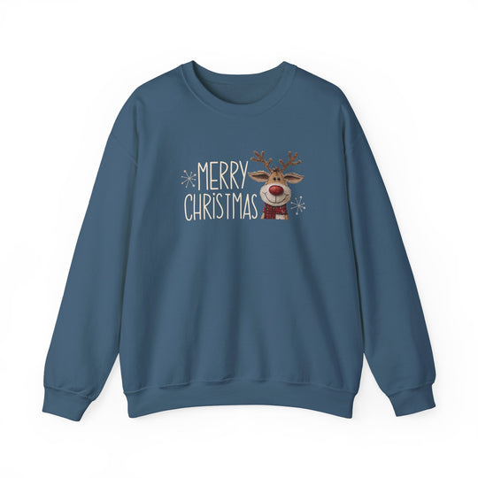 Merry Christmas Reindeer Crew sweatshirt features a smiling reindeer and festive text, designed for comfort with a ribbed crew neckline and durable stitching.
