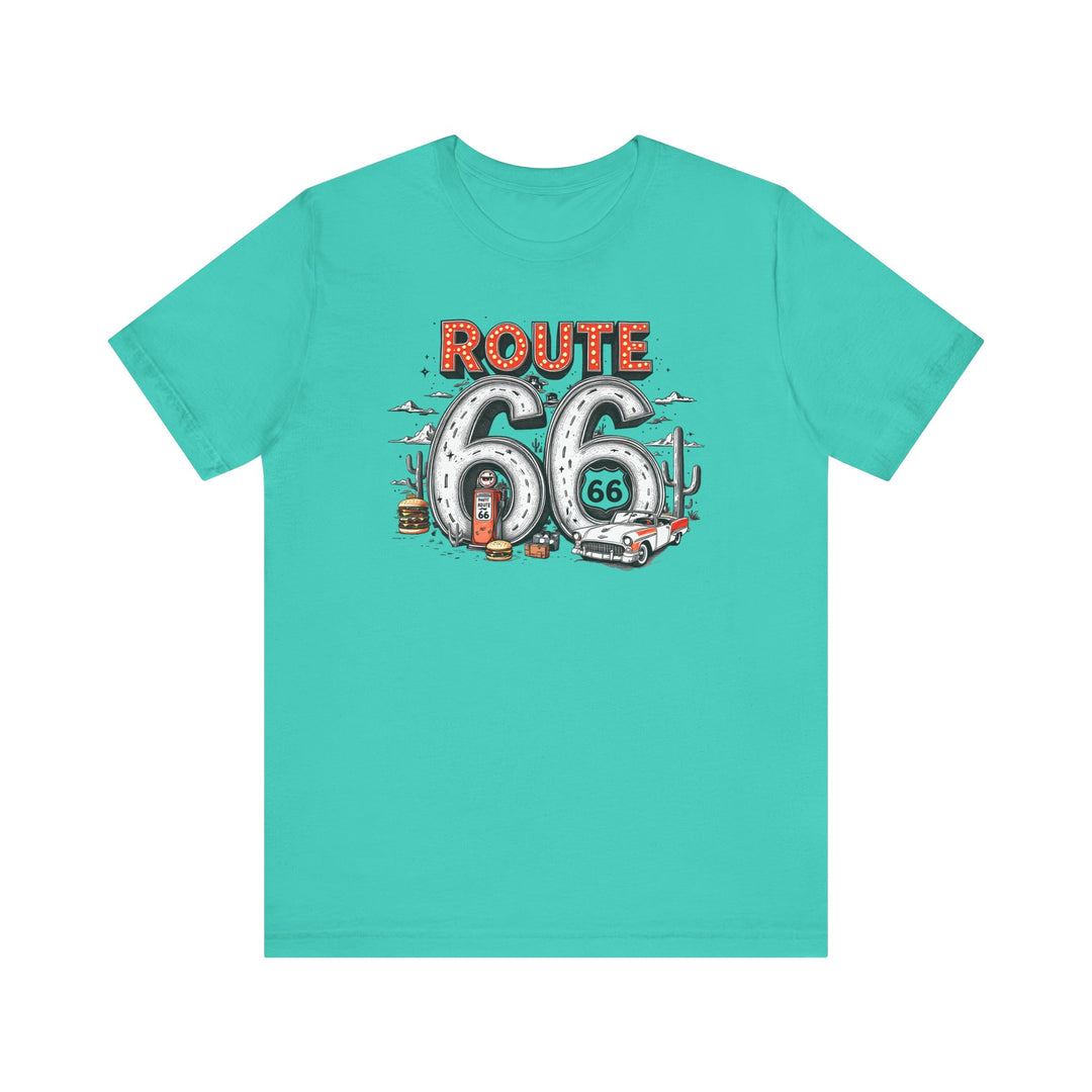 Route 66 Tee: Classic unisex short sleeve tee with ribbed knit collar and tapered shoulders, made from soft, breathable cotton for a comfortable, lasting fit.
