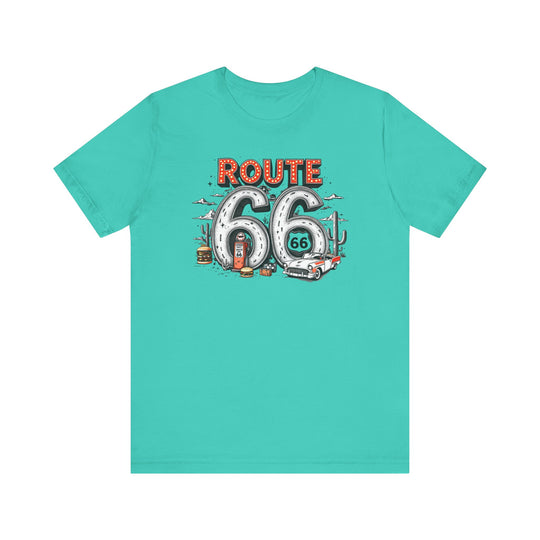 Route 66 Tee: Classic unisex short sleeve tee with ribbed knit collar and tapered shoulders, made from soft, breathable cotton for a comfortable, lasting fit.