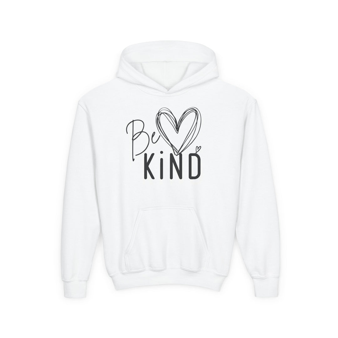 Be Kind Youth Hoodie with kangaroo pocket, featuring a black Be Kind graphic with a heart. Made from soft preshrunk fleece. Regular fit, true to size.