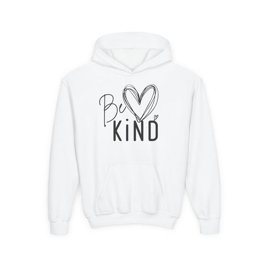 Be Kind Youth Hoodie with kangaroo pocket, featuring a black Be Kind graphic with a heart. Made from soft preshrunk fleece. Regular fit, true to size.